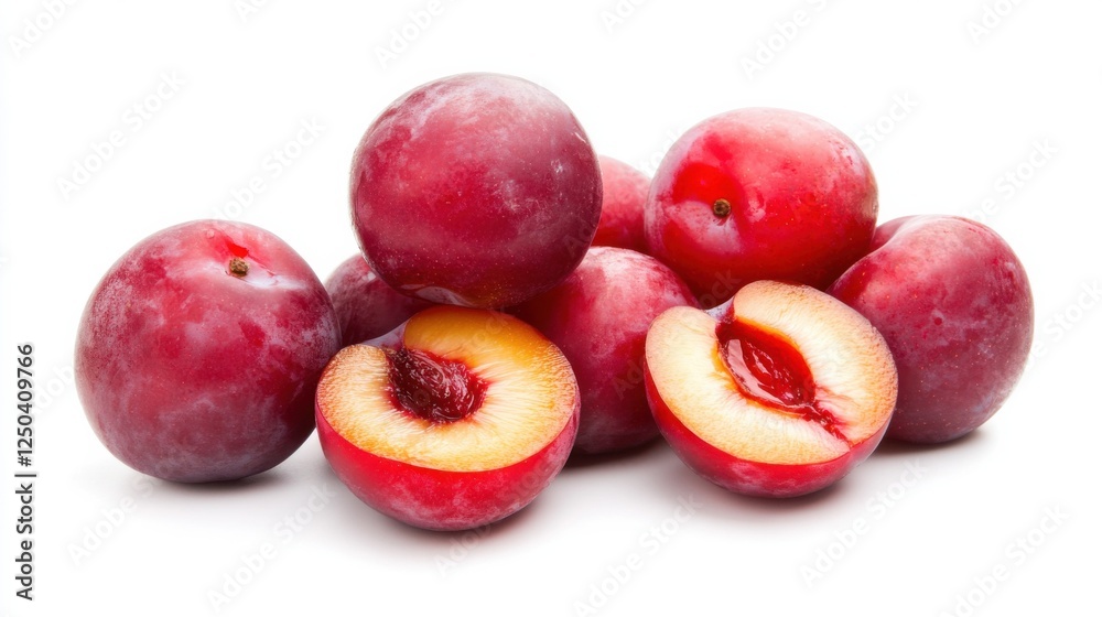 Fresh red plums with halved pieces displaying juicy interior Fresh red plums with halved pieces displaying juicy interior