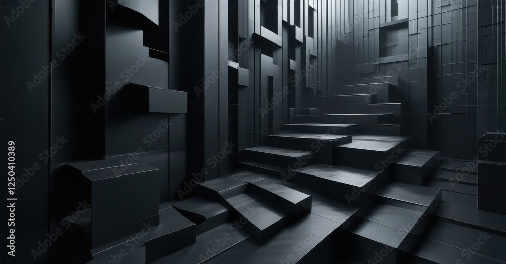 Obraz premium Shifting black-on-black patterns creating a sense of endless depth, with bright contrasts and geometric facets, enhancing the sleek and dynamic visual composition