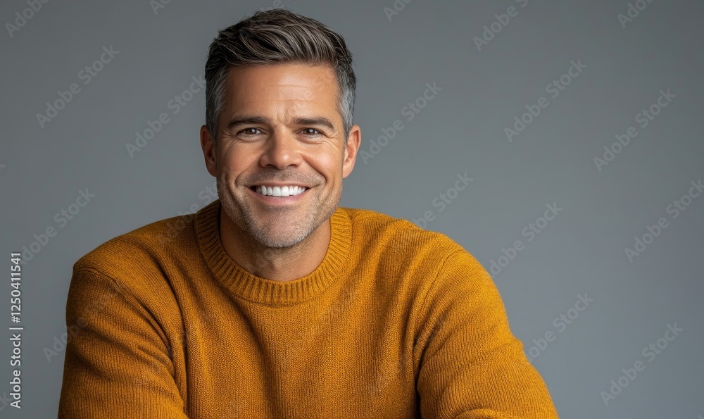 Confident Beaming Man in Mustard Sweater with Folded Arms, Smiling Mature Male, Studio Portrait, Casual and Stylish Look, Isolated on Gray Background, Confident Beaming Man in Mustard Sweater with Folded Arms, Smiling Mature Male, Studio Portrait, Casual and Stylish Look, Isolated on Gray Background,