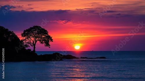 Vibrant Tropical Sunset over the Ocean with Silhouetted Coastal Trees