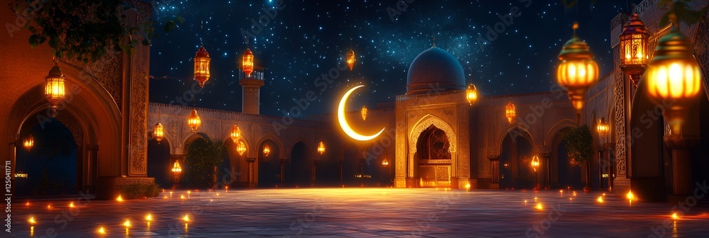 Obraz premium Ramadan Kareem Celebration mosque courtyard with flickering lanterns, glowing crescent moon, and starry sky