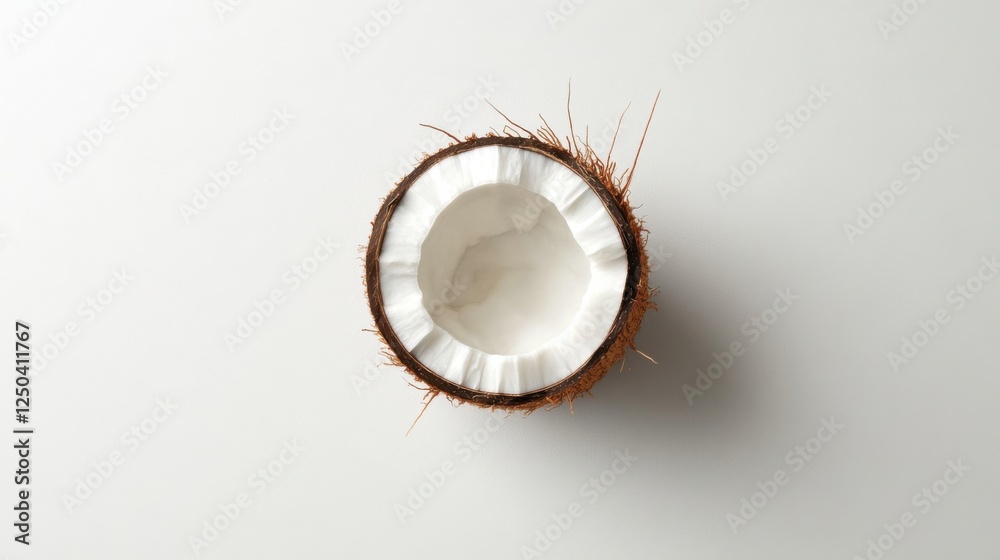 Fototapeta premium Top view of a halved coconut on white background with shadow