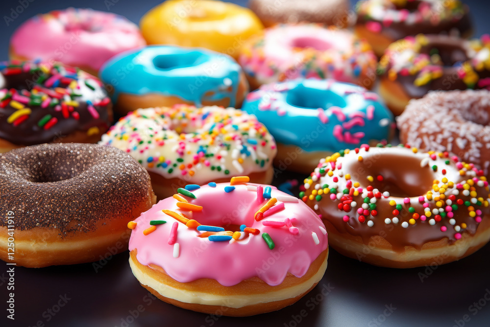 A vibrant assortment of frosted donuts topped with colorful sprinkles showcasing a delicious variety of flavors and decorations A vibrant assortment of frosted donuts topped with colorful sprinkles showcasing a delicious variety of flavors and decorations