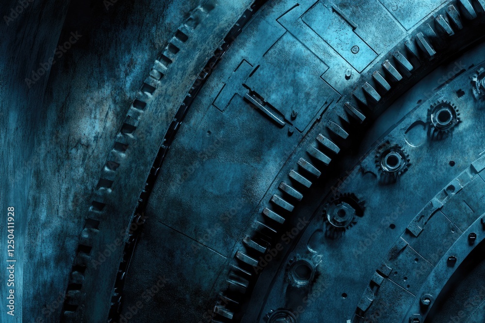 Close-up of intricate industrial machinery, showcasing gears, metal textures, and a teal color palette. Close-up of intricate industrial machinery, showcasing gears, metal textures, and a teal color palette.