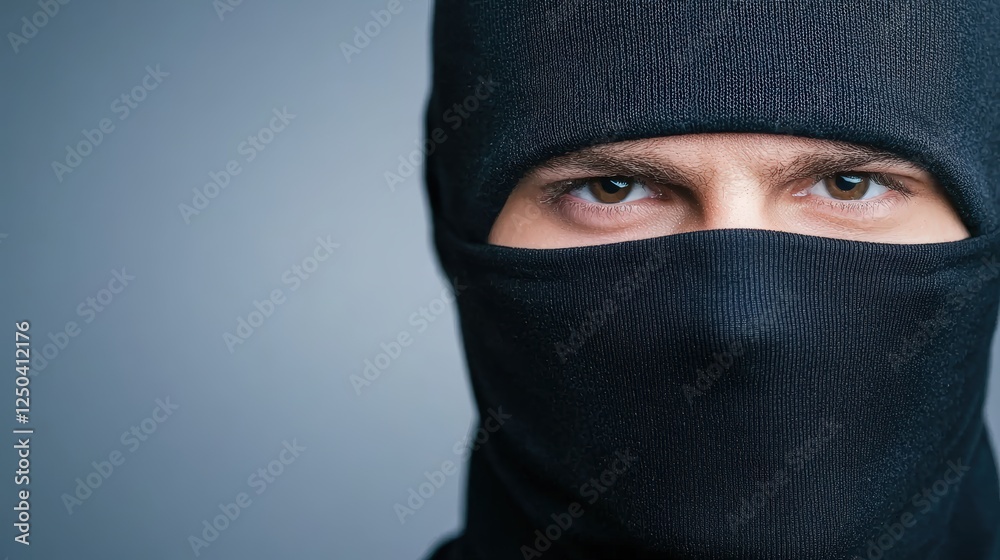Mysterious Figure in Black Mask Staring Intently at the Camera Mysterious Figure in Black Mask Staring Intently at the Camera