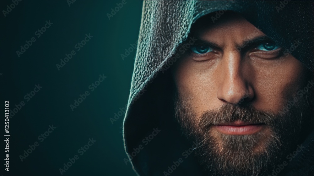 Mysterious Portrait of a Hooded Man with Intense Eyes Mysterious Portrait of a Hooded Man with Intense Eyes