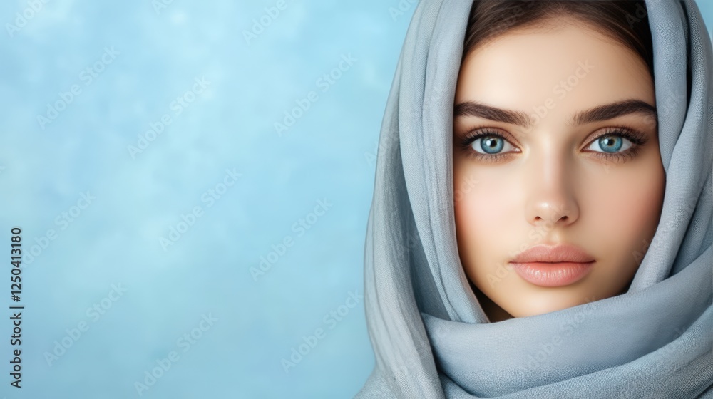 Captivating Portrait of a Young Woman in a Soft Blue Headscarf Captivating Portrait of a Young Woman in a Soft Blue Headscarf