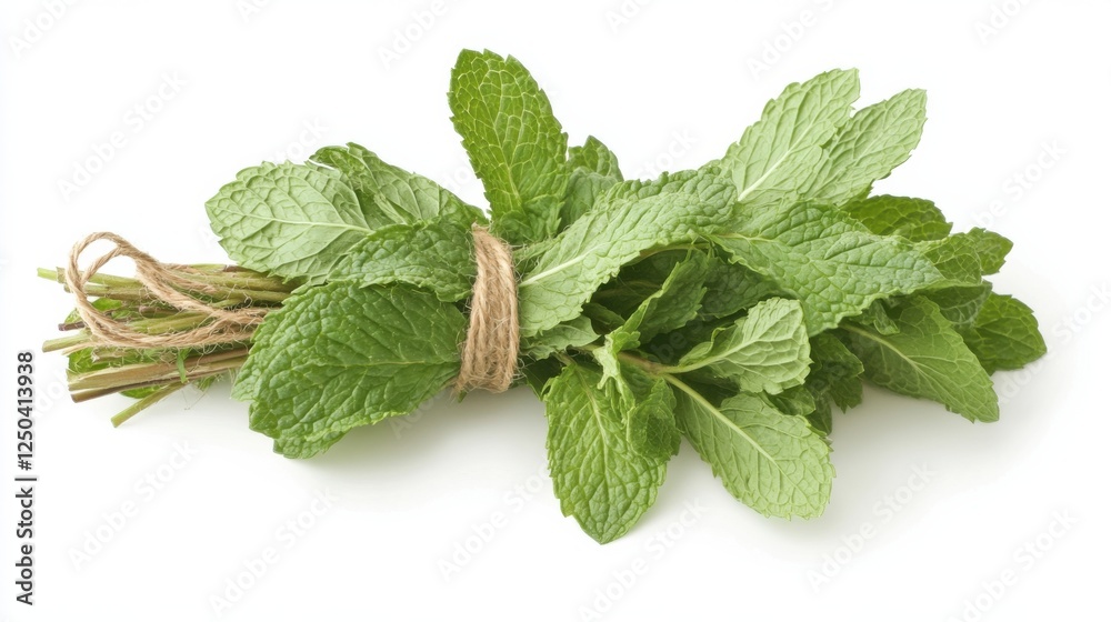 Fresh mint leaves bunch tied with twine on white background Fresh mint leaves bunch tied with twine on white background