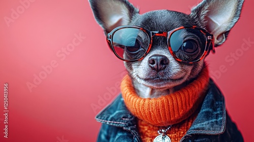 Stylish anthropomorphic chihuahua wearing glasses and a sweater against a vibrant backdrop