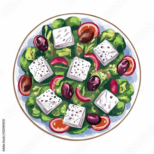 Hand-Drawn Greek Salad with Feta and Olives