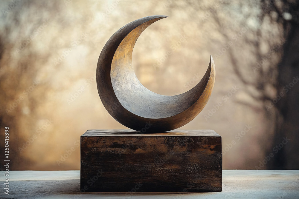 A serene photorealistic sculpture of a crescent moon atop a rustic pedestal, ideal for home decor, wellness spaces, and minimalistic design for mindfulness themes. A serene photorealistic sculpture of a crescent moon atop a rustic pedestal, ideal for home decor, wellness spaces, and minimalistic design for mindfulness themes.