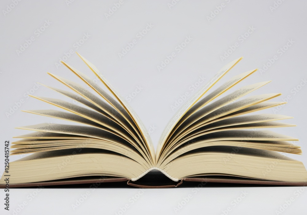 open book, pages fanned out, cream-colored paper, vintage appearance, knowledge concept, literary theme, soft lighting, minimalist composition open book, pages fanned out, cream-colored paper, vintage appearance, knowledge concept, literary theme, soft lighting, minimalist composition