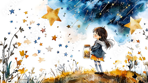 A girl is standing on a hill and looking up at the stars. generated using AI