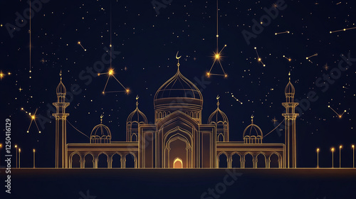 Wallpaper Mural Glowing Mosque Under a Starry Sky for Eid and Ramadan Celebration. This captivating digital artwork features a beautifully illuminated mosque set against a dark, starry night sky. Torontodigital.ca