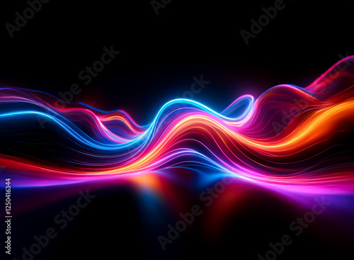 Vibrant neon light waves in blue, orange, and red flow smoothly on a dark backdrop, creating a glowing digital effect with reflection below.