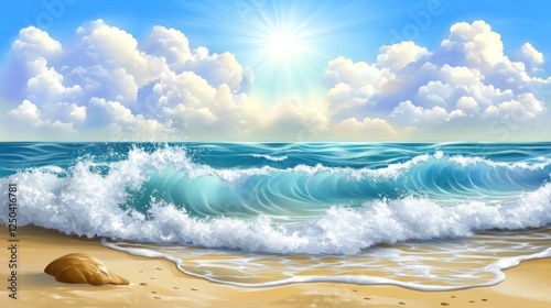 Serene Beach Scene with Rolling Waves and Sunny Sky Art Illustration