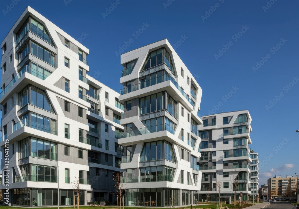 Modern apartment buildings, minimalist architecture, white facade, large windows, geometric shapes, urban living, contemporary design, clean lines Modern apartment buildings, minimalist architecture, white facade, large windows, geometric shapes, urban living, contemporary design, clean lines