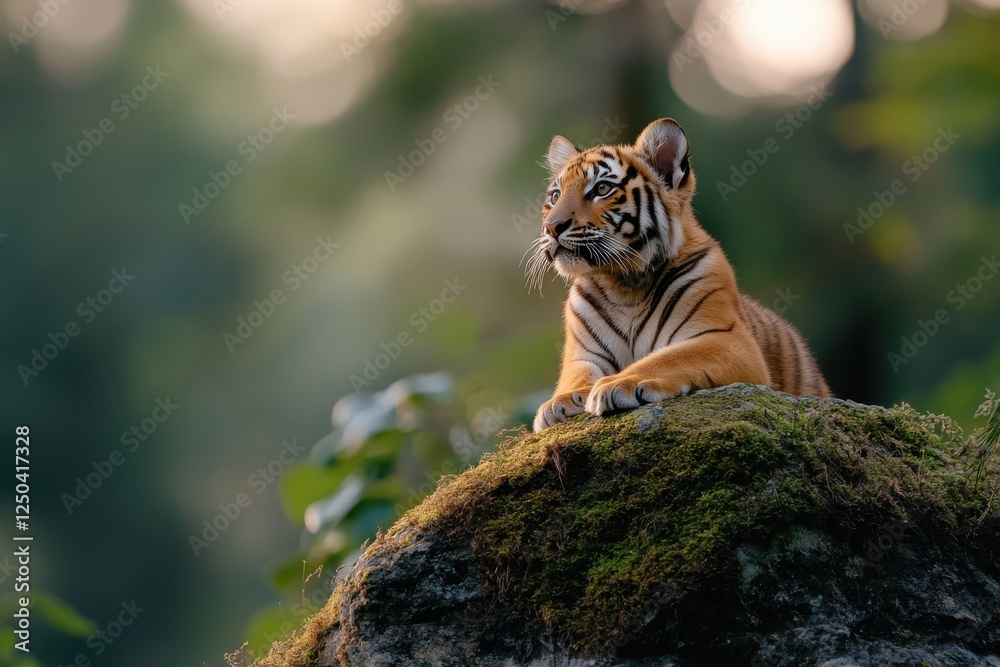 Fototapeta premium This photograph of a tiger, positioned on a mossy rock, portrays its meditative nature, inviting viewers into a moment of calm contemplation in its natural environment.