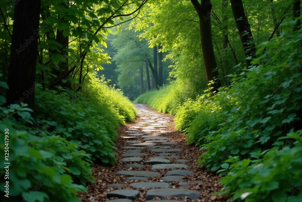 Stone pathway winding through a dense thicket of brambles, textures, path Stone pathway winding through a dense thicket of brambles, textures, path