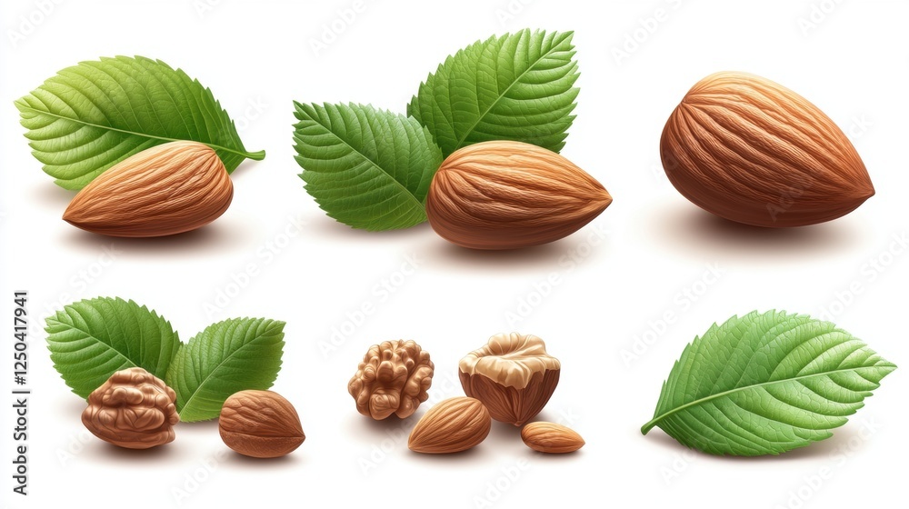 Fresh Almonds and Walnuts with Green Leaves on a Clean Background Fresh Almonds and Walnuts with Green Leaves on a Clean Background