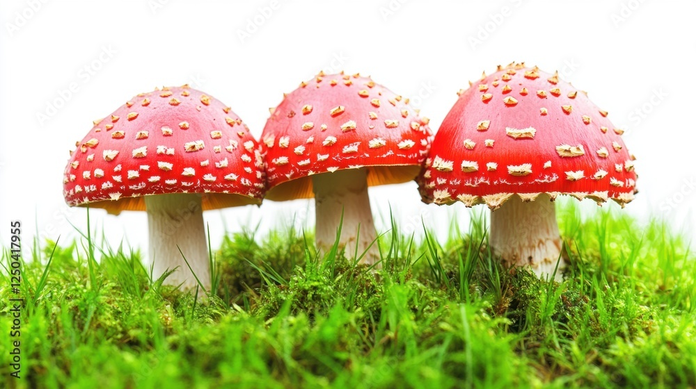 Vibrant Red Mushrooms on Green Moss with White Background Vibrant Red Mushrooms on Green Moss with White Background