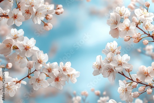 Light blue background with white cherry blossoms on the edges, creating a spring-themed, ultra-realistic atmosphere.