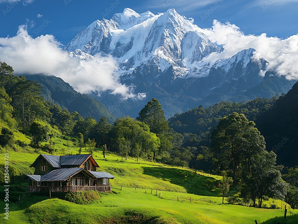 Fototapeta premium Mountain valley home with snow-capped peak