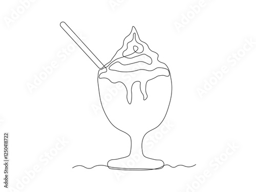 Abstract dessert with cream and straw in creamer, ice cream, cocktail. continuous single one line art hand drawing sketch logo