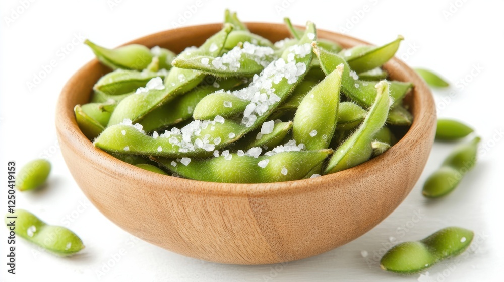 Wooden bowl of salted edamame pods on white background Wooden bowl of salted edamame pods on white background