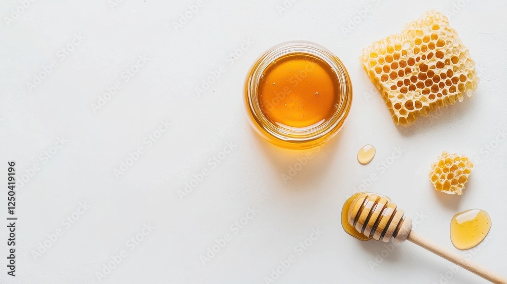 Golden honey and honeycomb on white background with wooden drizzler Golden honey and honeycomb on white background with wooden drizzler
