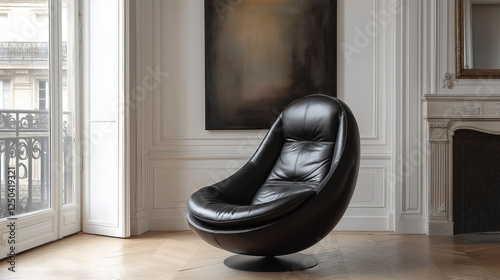 A black leather chair in the shape of an egg, modern in style with round legs and armrests, is placed on parquet flooring against white walls with natural light coming through larg photo