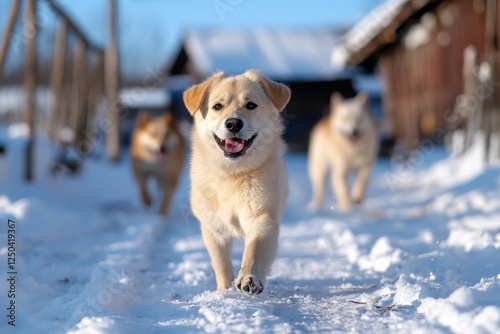 A group of happy dogs playfully runs through a snowy path, exemplifying friendship and joy while enjoying the beauty of winter and the playful nature of canines. photo