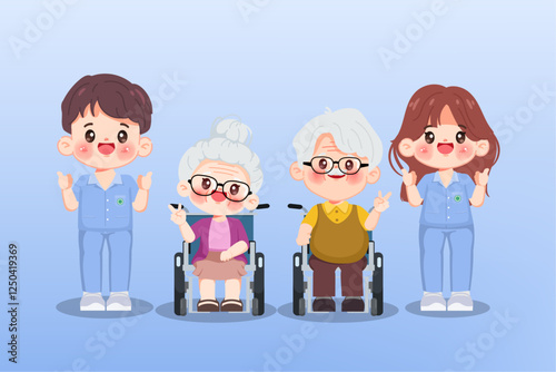 Cute cartoon elderly people character with Caregiver.  Elderly or senior health care. Vector premium.