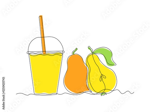 abstract pear fruit juice glass with lid and straw, continuous single one line art hand drawing sketch logo