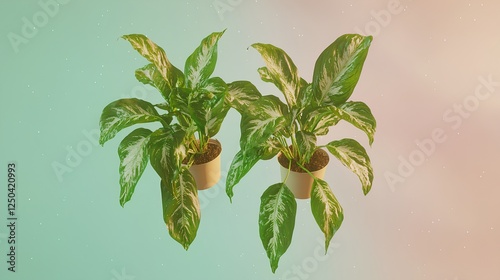 Two potted plants, variegated leaves, pastel background.  Possible use Interior design, home decor photo