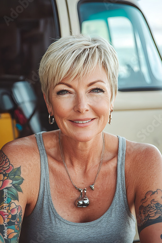 Wallpaper Mural A beautiful older woman with short blonde pixie-cut hair, wearing a tank top and displaying tattoos, is sitting in front of a van and smiling at the camera.  Torontodigital.ca
