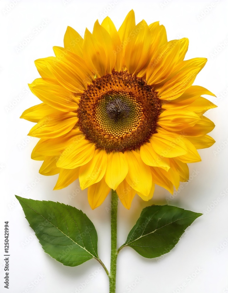 Fototapeta premium Bright sunflower with yellow petals and detailed brown center, isolated on white background