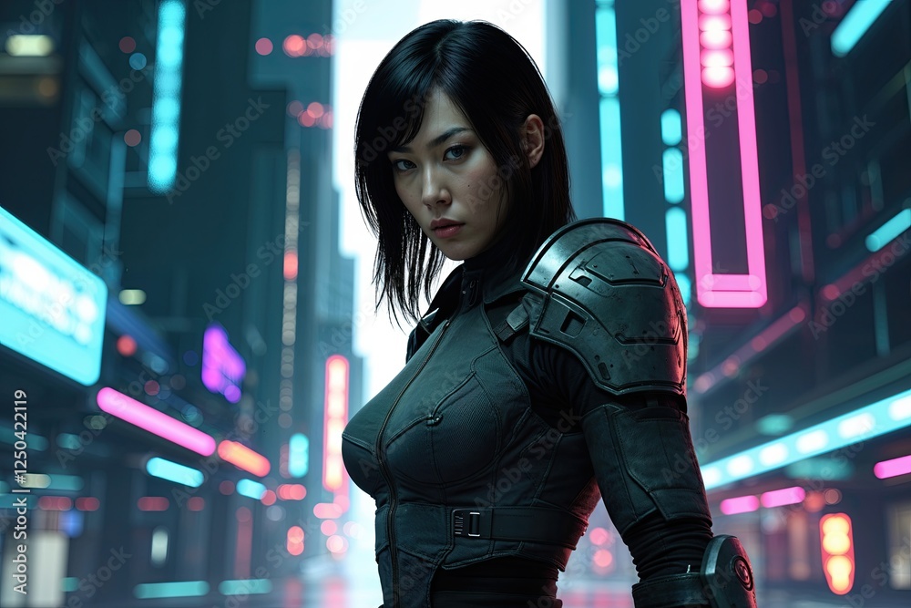 A Fierce Asian Woman Protector with Dark Black Hair Stalking Through a Pulsating Cyberpunk Cityscape A Fierce Asian Woman Protector with Dark Black Hair Stalking Through a Pulsating Cyberpunk Cityscape