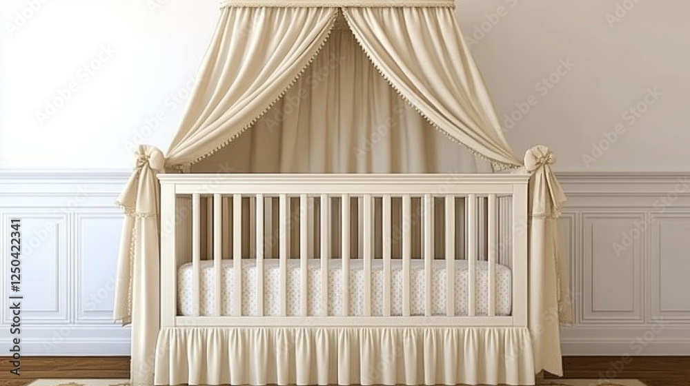 Elegant Cream Nursery Crib with Canopy and Soft Drapes Elegant Cream Nursery Crib with Canopy and Soft Drapes