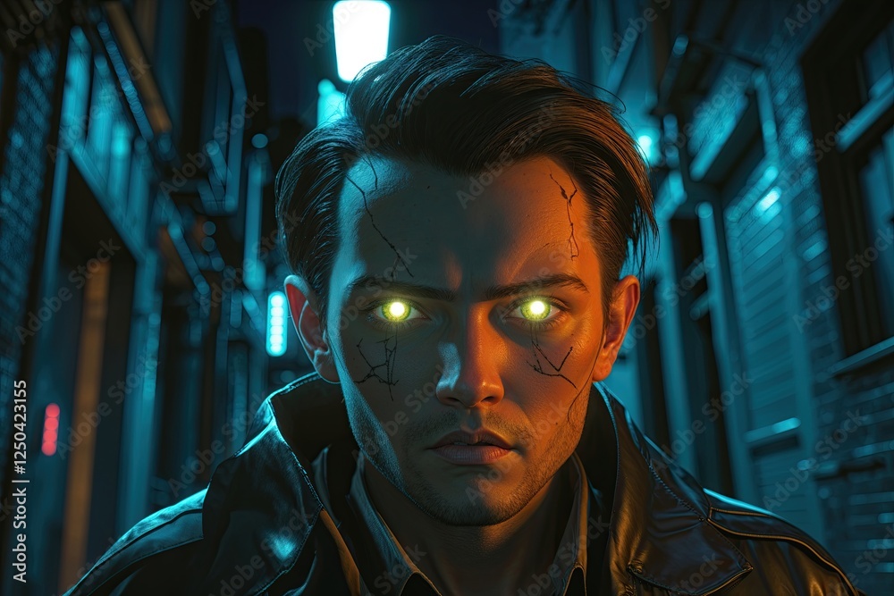 A Chilling Cyberpunk Mystery in an Illuminated Alley with Radiant Eyes A Chilling Cyberpunk Mystery in an Illuminated Alley with Radiant Eyes