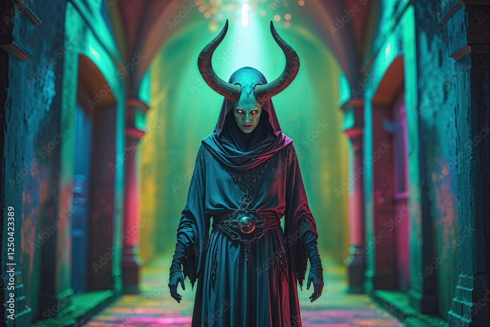 Fototapeta premium A Chilling Mystic Figure in a Vibrant and Eerie Corridor with an Otherworldly Glow