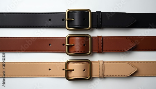fashionable men's belts in black, brown and sand on a white background
