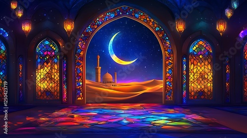 Islamic Ornate Archway with Crescent Moon Over a Starry Desert Landscape