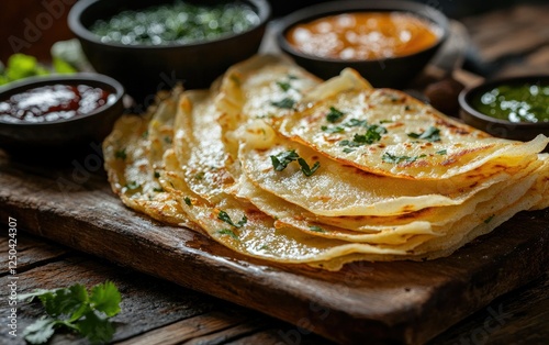 Stacked Indian Flatbreads with Dips on Wooden Board photo