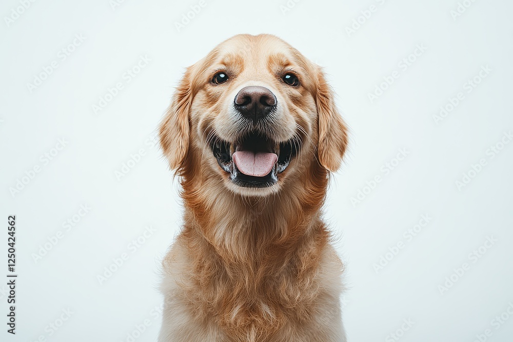 Happy Golden Retriever sitting against a white background, cutout and isolated, captured with natural lighting in an ultra-wide angle. Happy Golden Retriever sitting against a white background, cutout and isolated, captured with natural lighting in an ultra-wide angle.