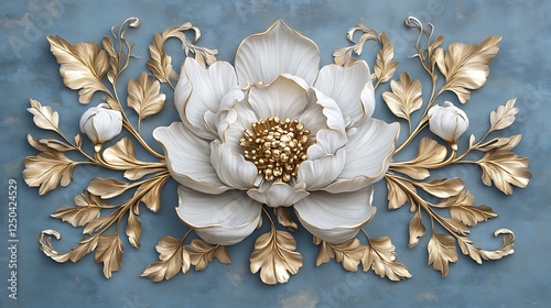 Ornate Floral Wall Sculpture with Large White and Gold Flower on a Blue Background