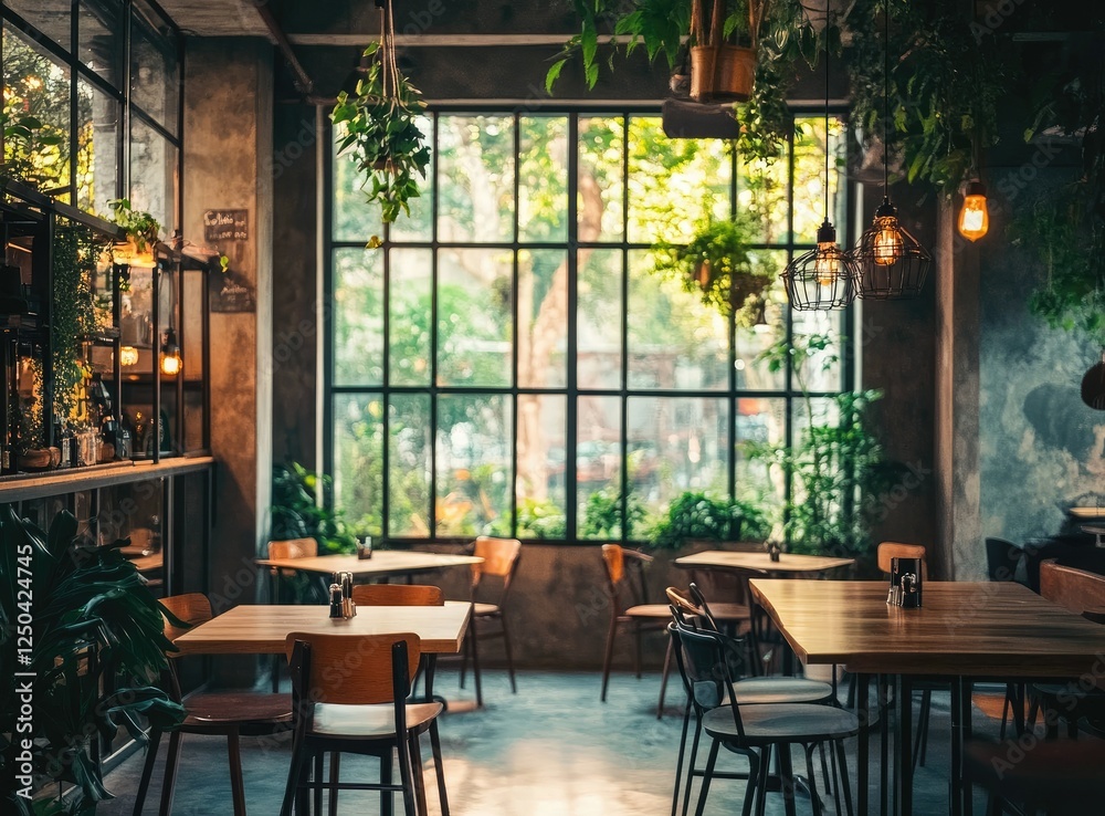 Stylish cafe interior with large window views Stylish cafe interior with large window views