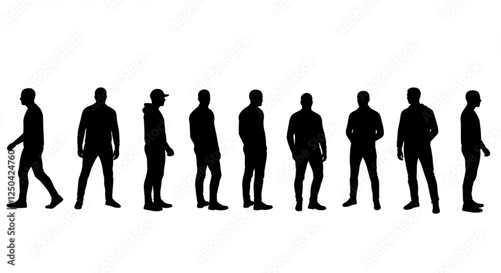 Silhouettes group of men standing figures black and white minimalist, full body Silhouettes group of men standing figures black and white minimalist, full body
