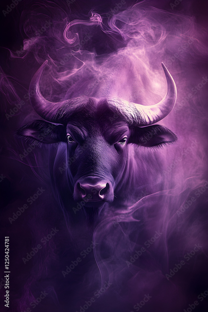 Naklejka premium A majestic water buffalo with smoke swirling around its head, creating an ethereal and mysterious atmosphere against the dark background. The colors of a pink-to-purple gradient create depth