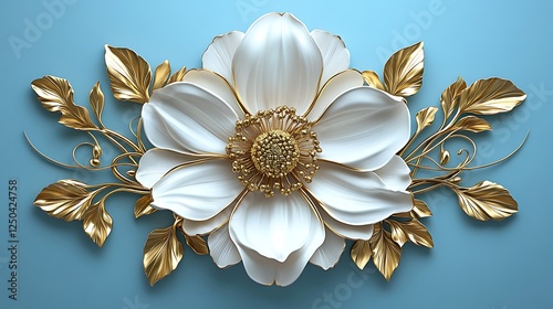 Ornate Floral Wall Sculpture with Large White and Gold Flower on a Blue Background